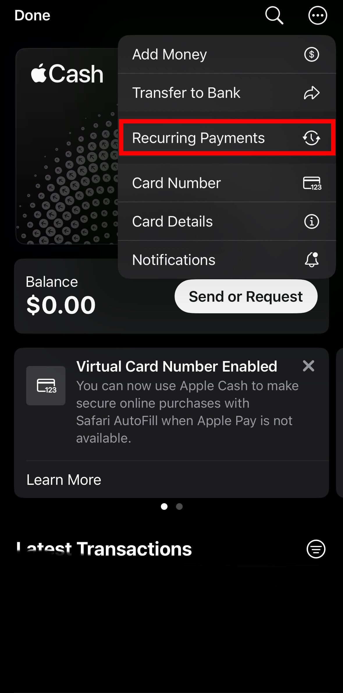 contorno de retângulo vermelho sobre pagamentos recorrentes no aplicativo Apple Cash