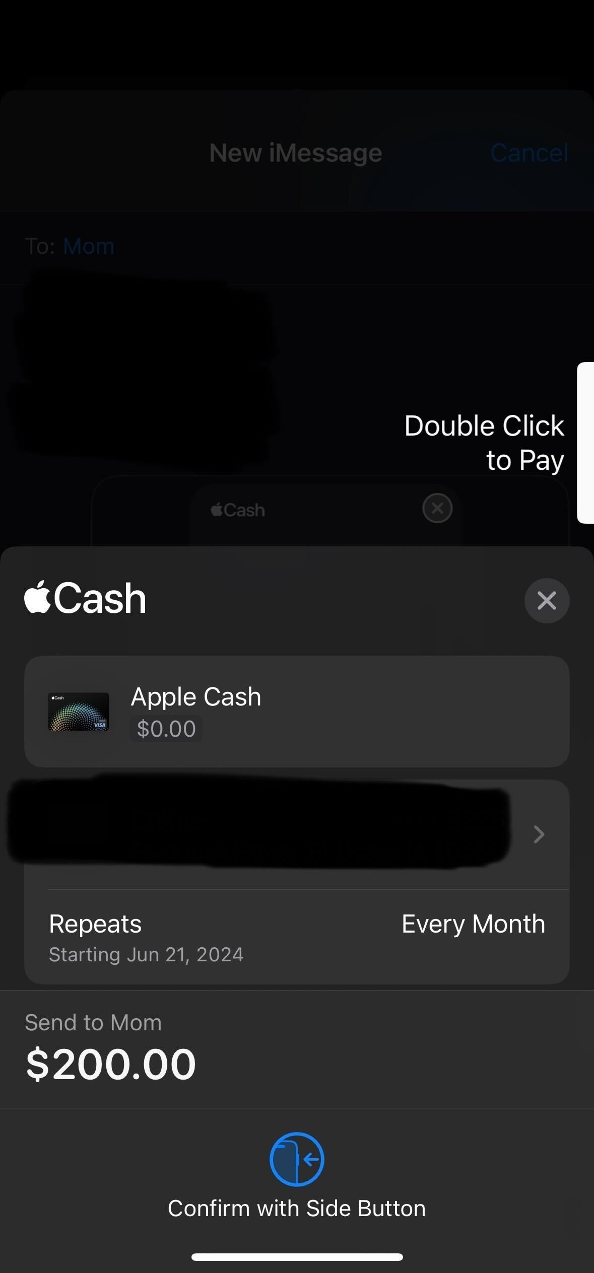 Pagamento recorrente Apple Cash com destinatário e dinheiro e pagamento enviado