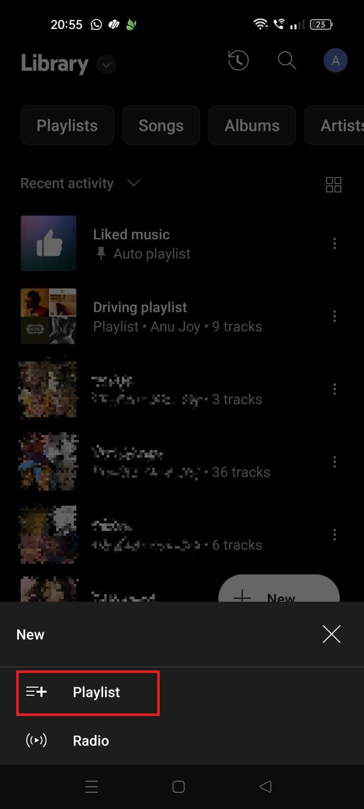 Captura de tela destacando a opção Playlist no app YouTube Music 