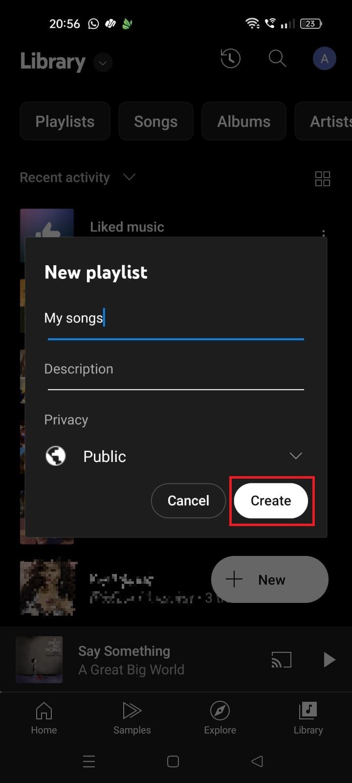 Captura de tela destacando a opção Criar no aplicativo YouTube Music 