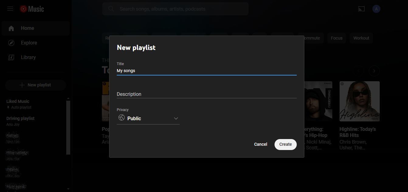 Captura de tela mostrando a opção Criar no site do YouTube Music