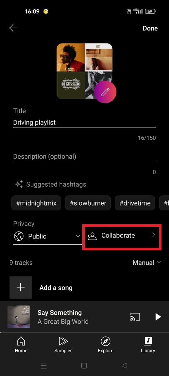 Captura de tela destacando a opção Colaborar no app YouTube Music