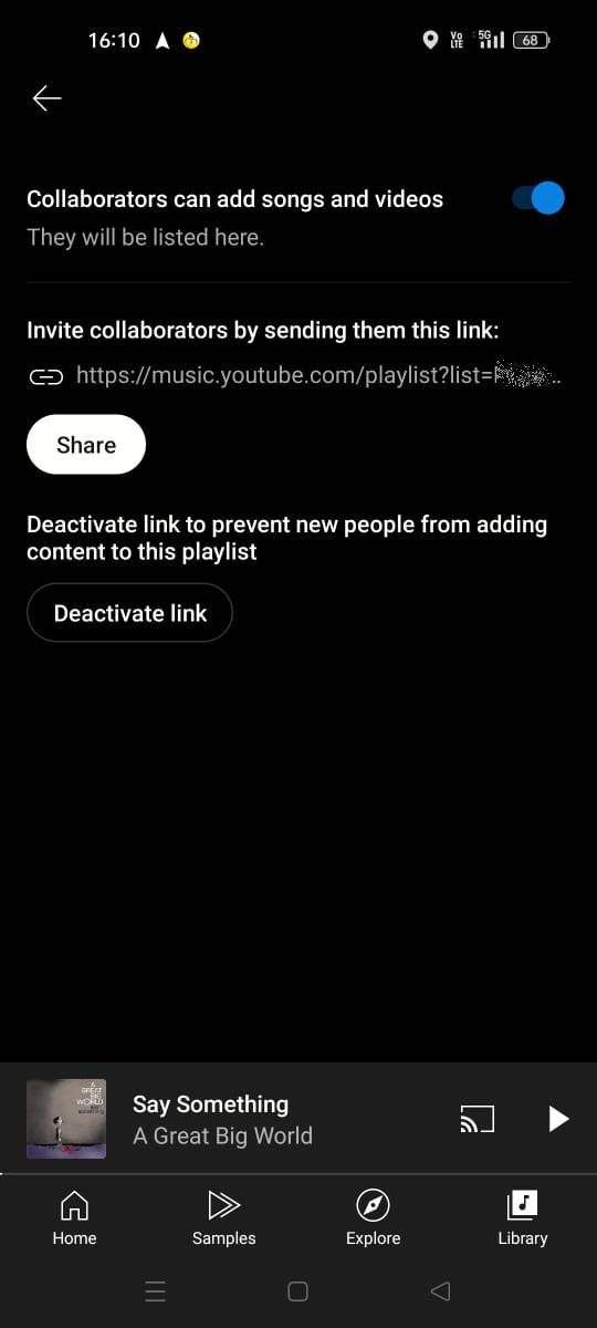 Captura de tela mostrando o link Criar e Desativar no app YouTube Music