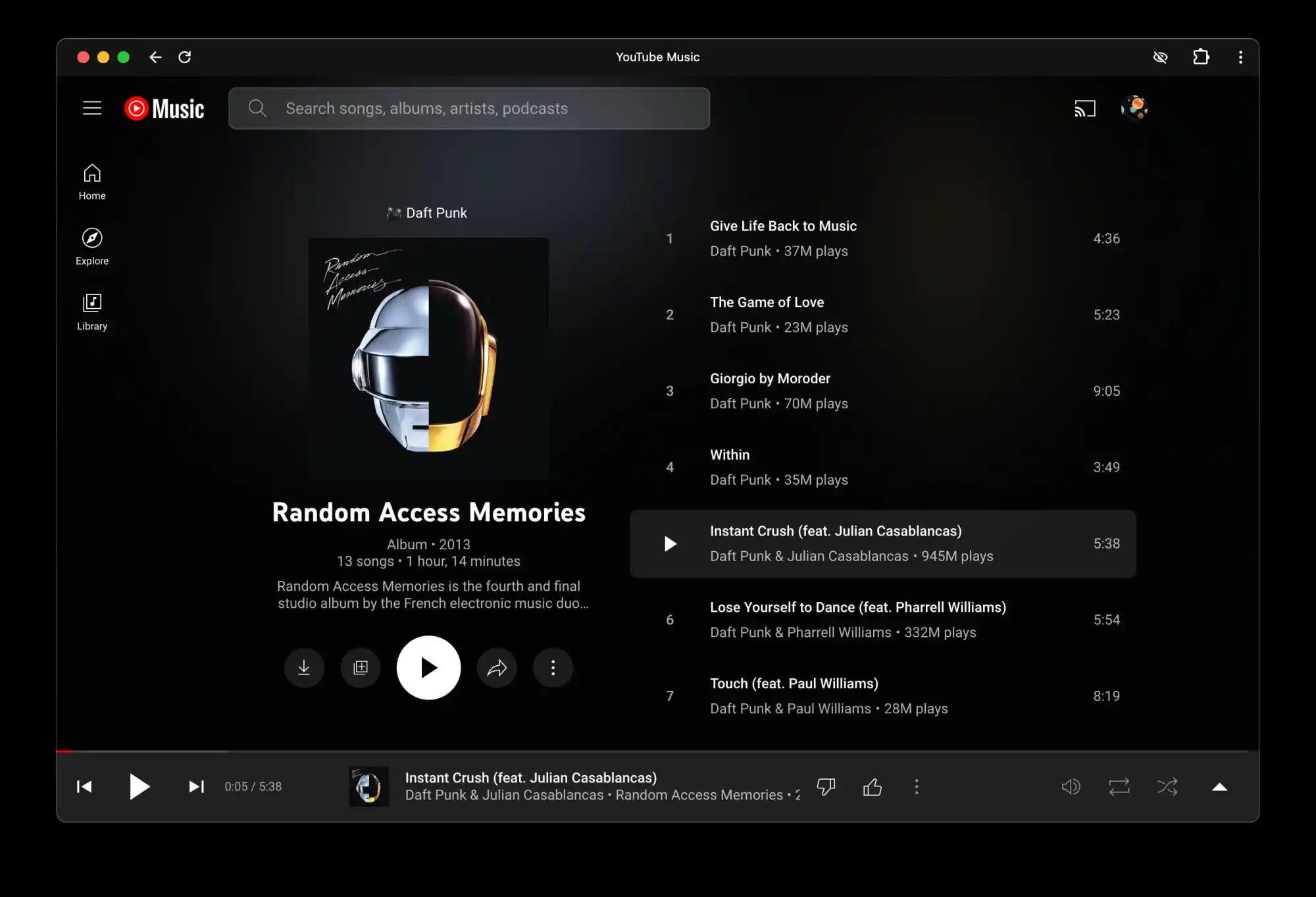 Captura de tela do web player do YouTube Music.