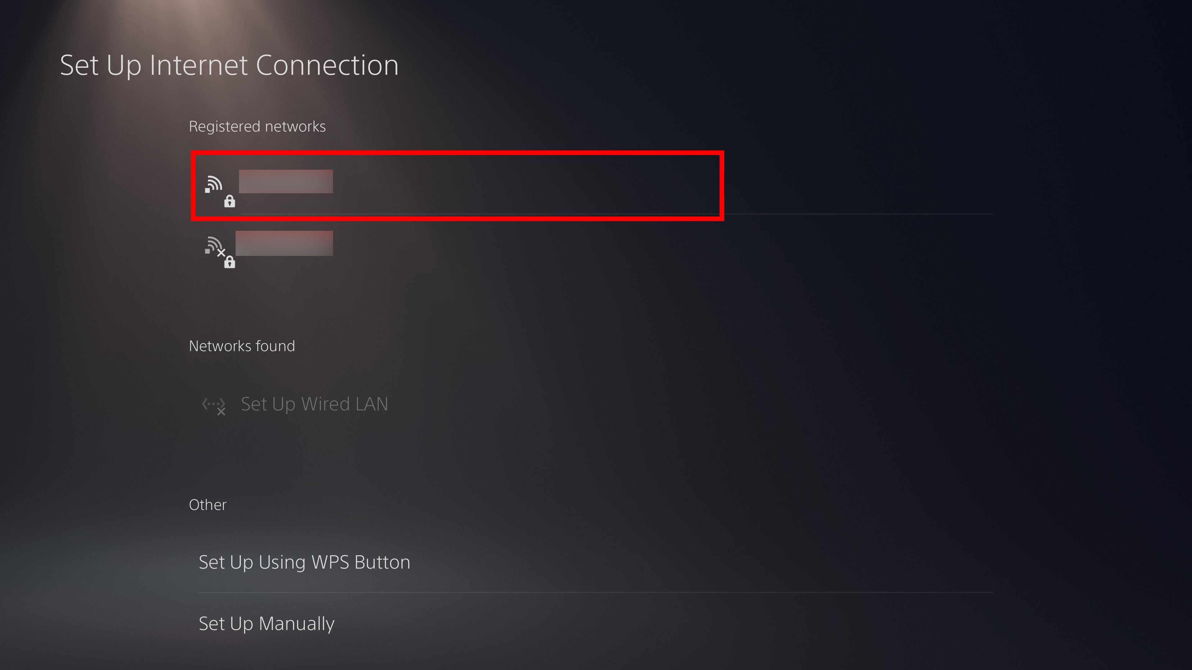 contorno de retângulo vermelho sobre Wi-Fi conectado em um console PS5