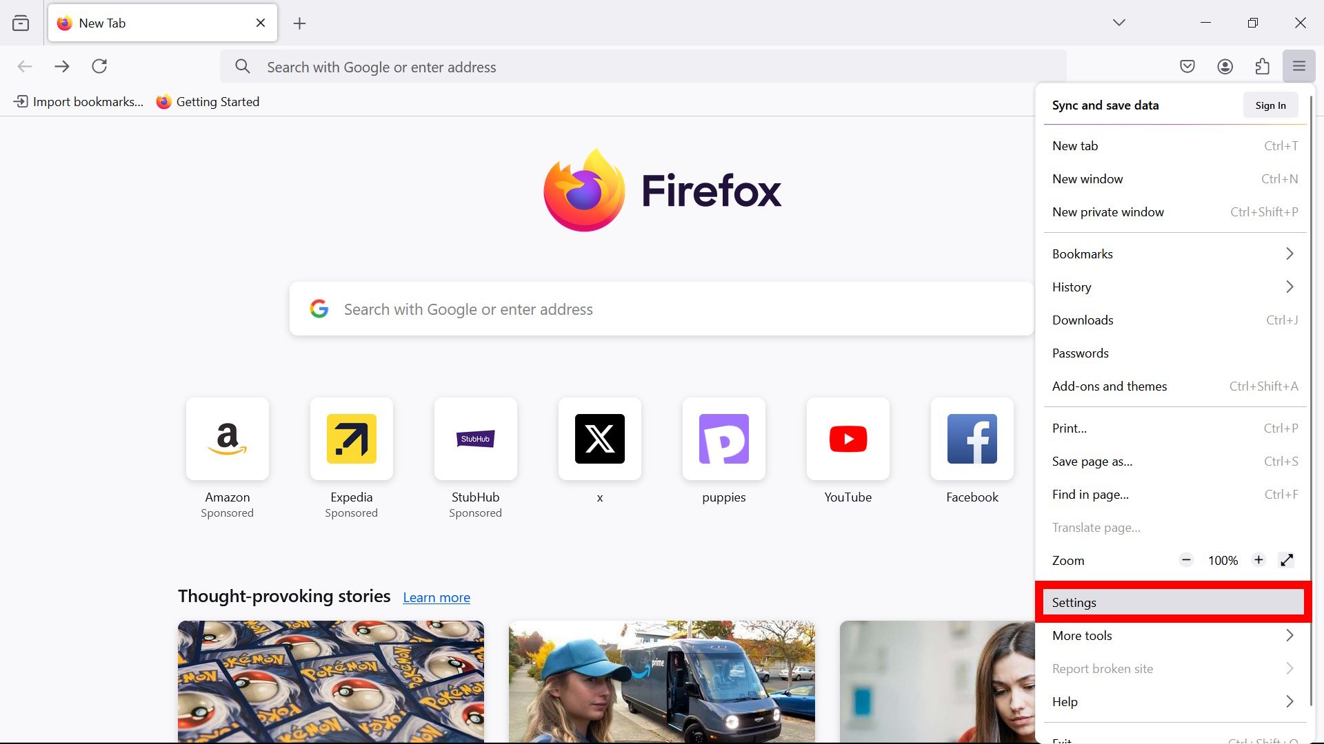 contorno de retângulo vermelho sobre configurações no Firefox