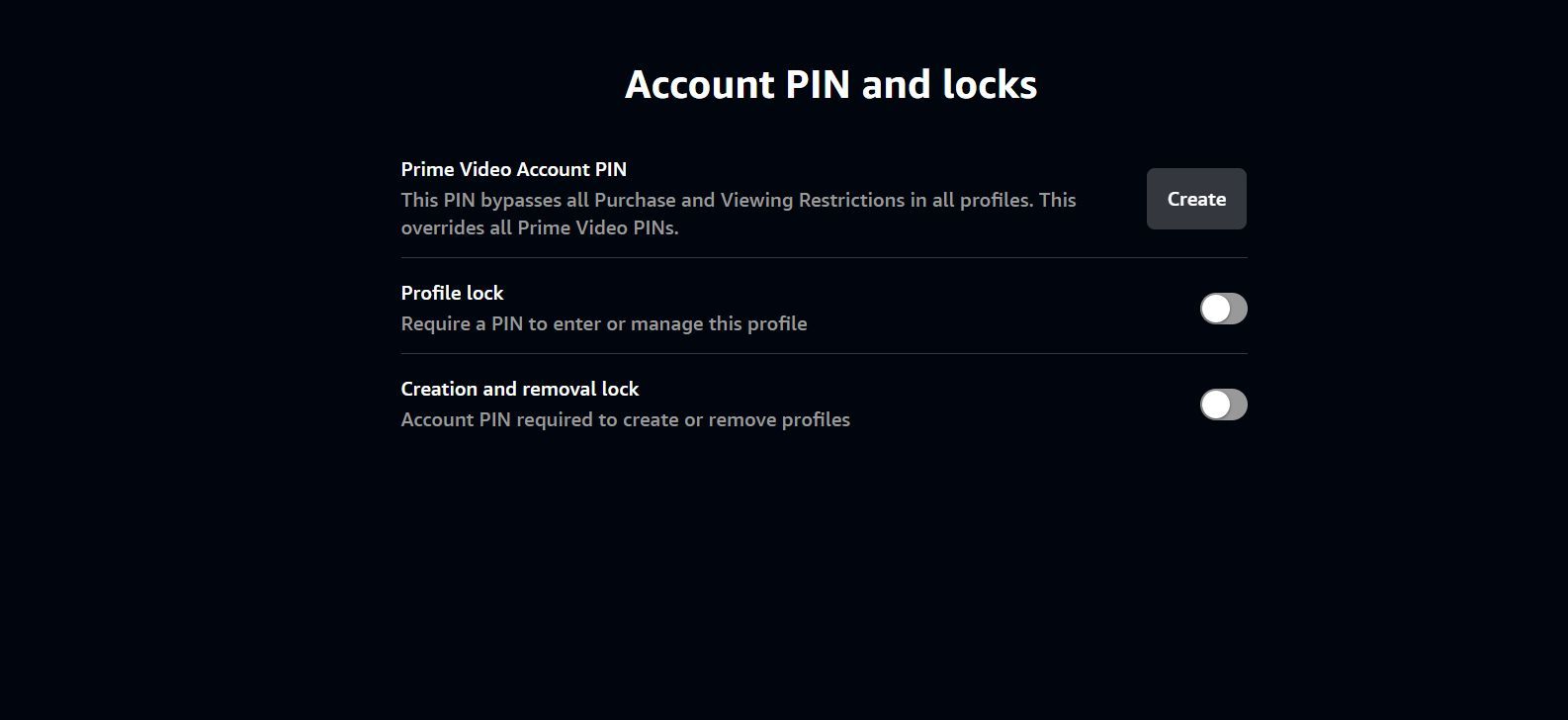 Captura de tela mostrando o PIN da conta e a página de bloqueio no site Amazon Prime Video