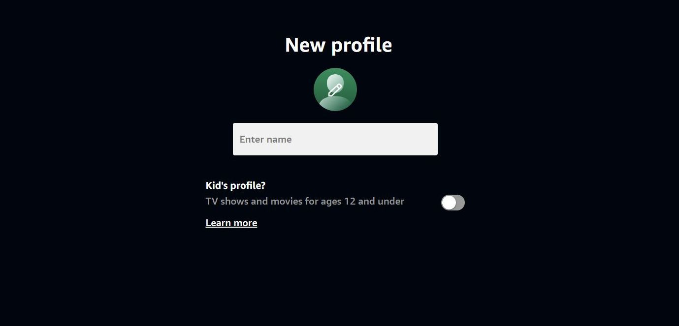 Captura de tela mostrando a página Novo perfil no site Amazon Prime Video