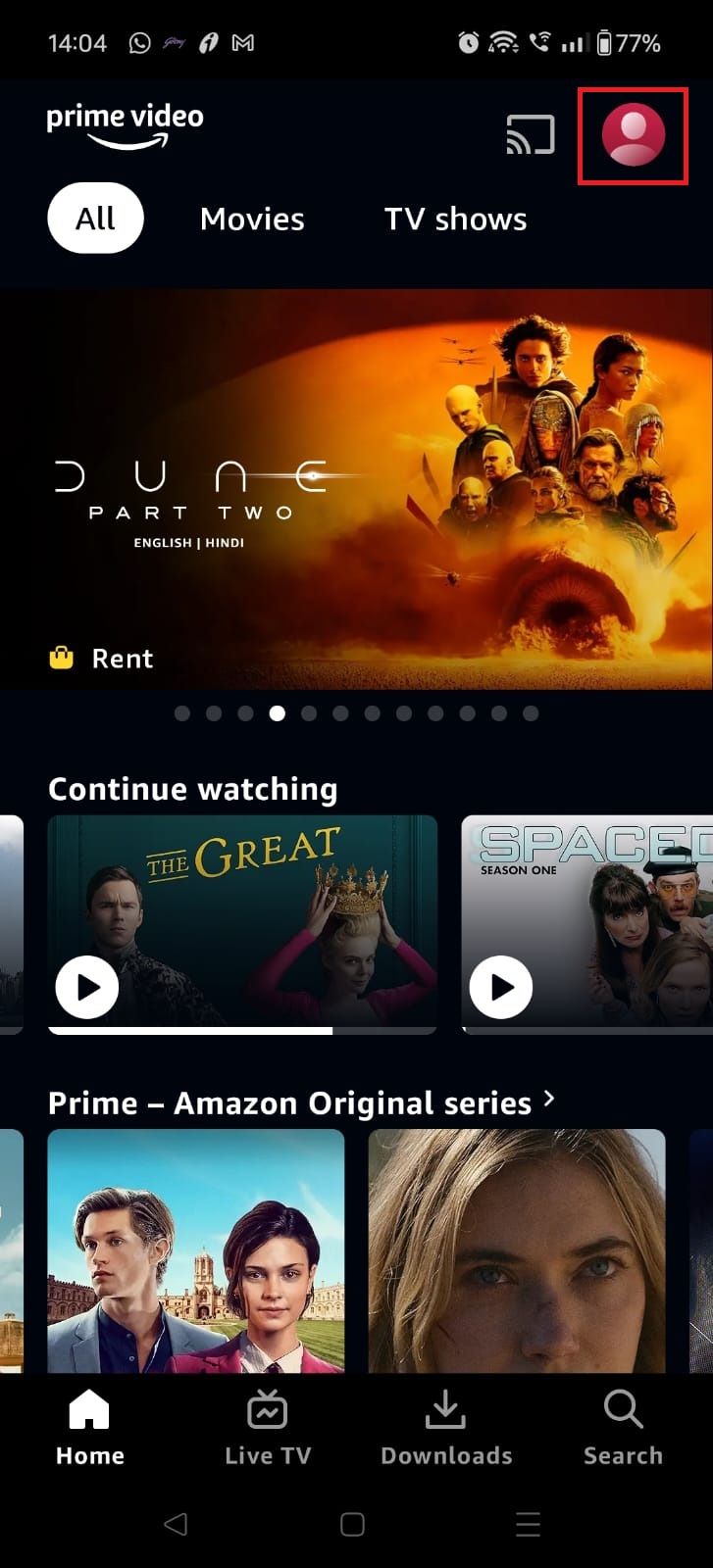 Captura de tela destacando o ícone do perfil no aplicativo móvel Amazon Prime Video
