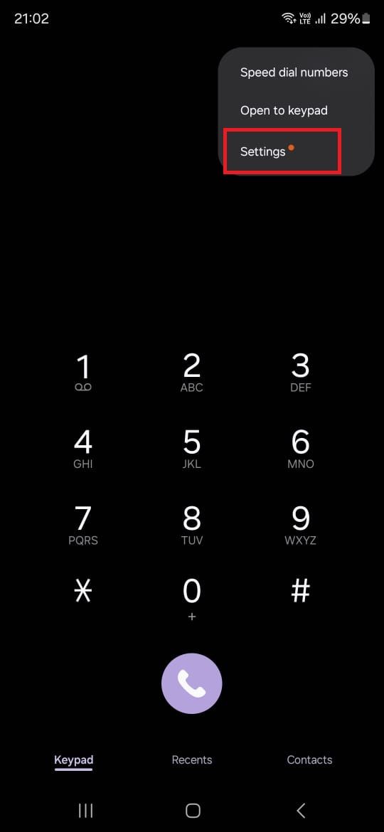Captura de tela destacando configurações no aplicativo Samsung Phone