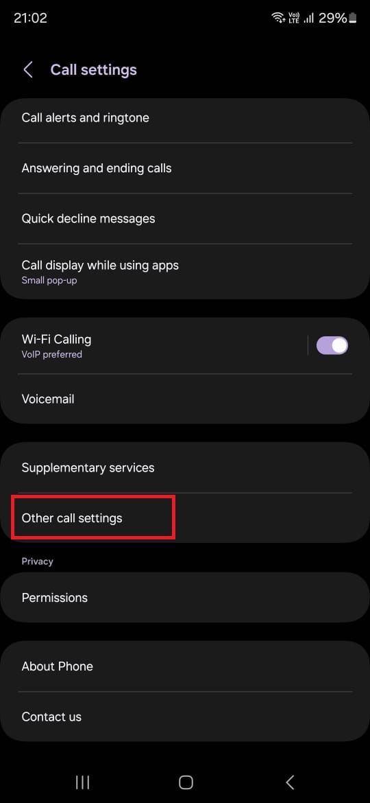 Captura de tela destacando Outras configurações de chamada no aplicativo Samsung Phone