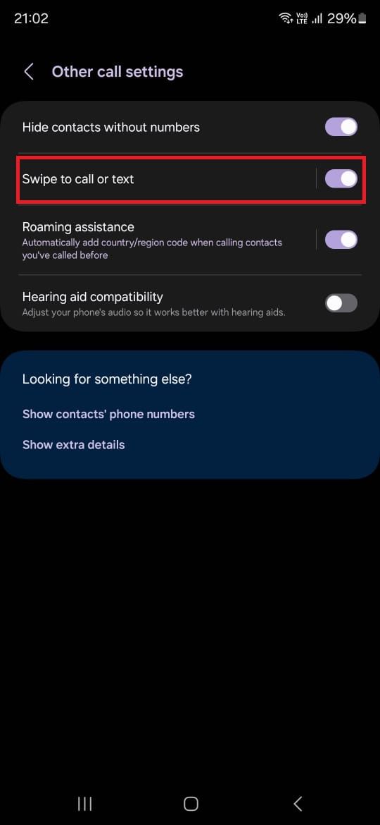 Captura de tela destacando Deslizar para ligar ou enviar mensagem de texto no aplicativo Samsung Phone