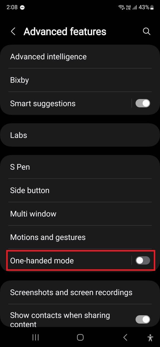 Captura de tela destacando o modo com uma mão em um telefone Samsung Galaxy