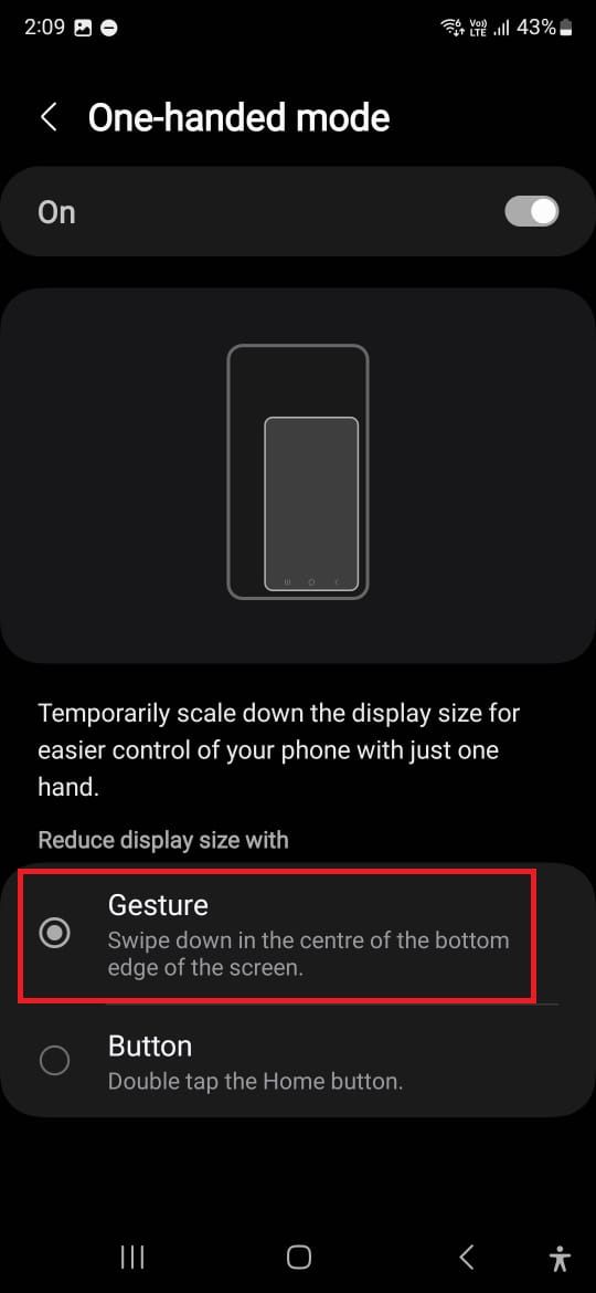 Captura de tela destacando o gesto em um telefone Samsung Galaxy