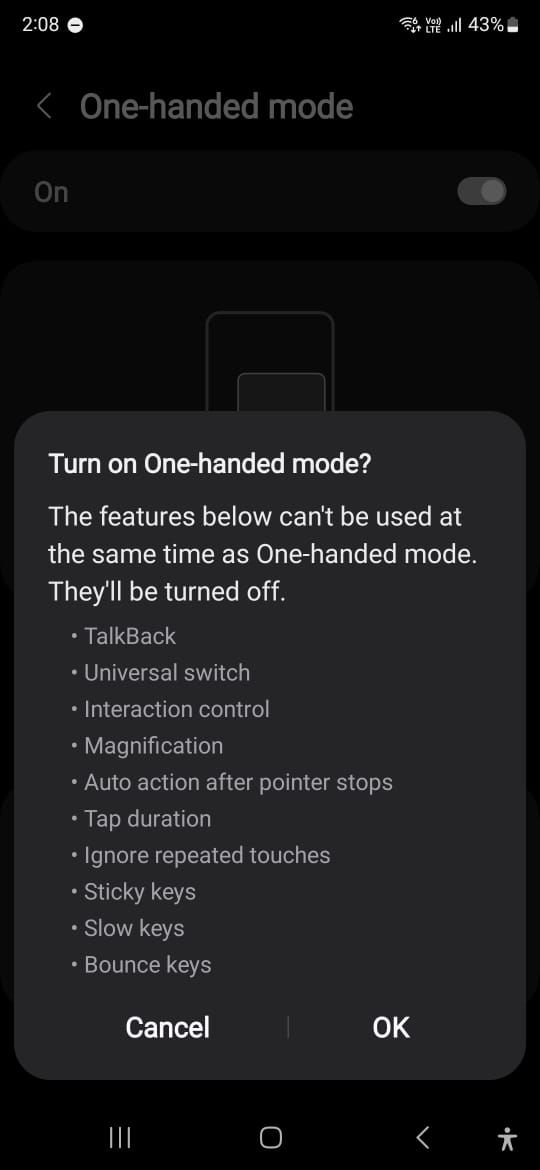 Captura de tela mostrando um pop-up para o modo com uma mão em um telefone Samsung Galaxy