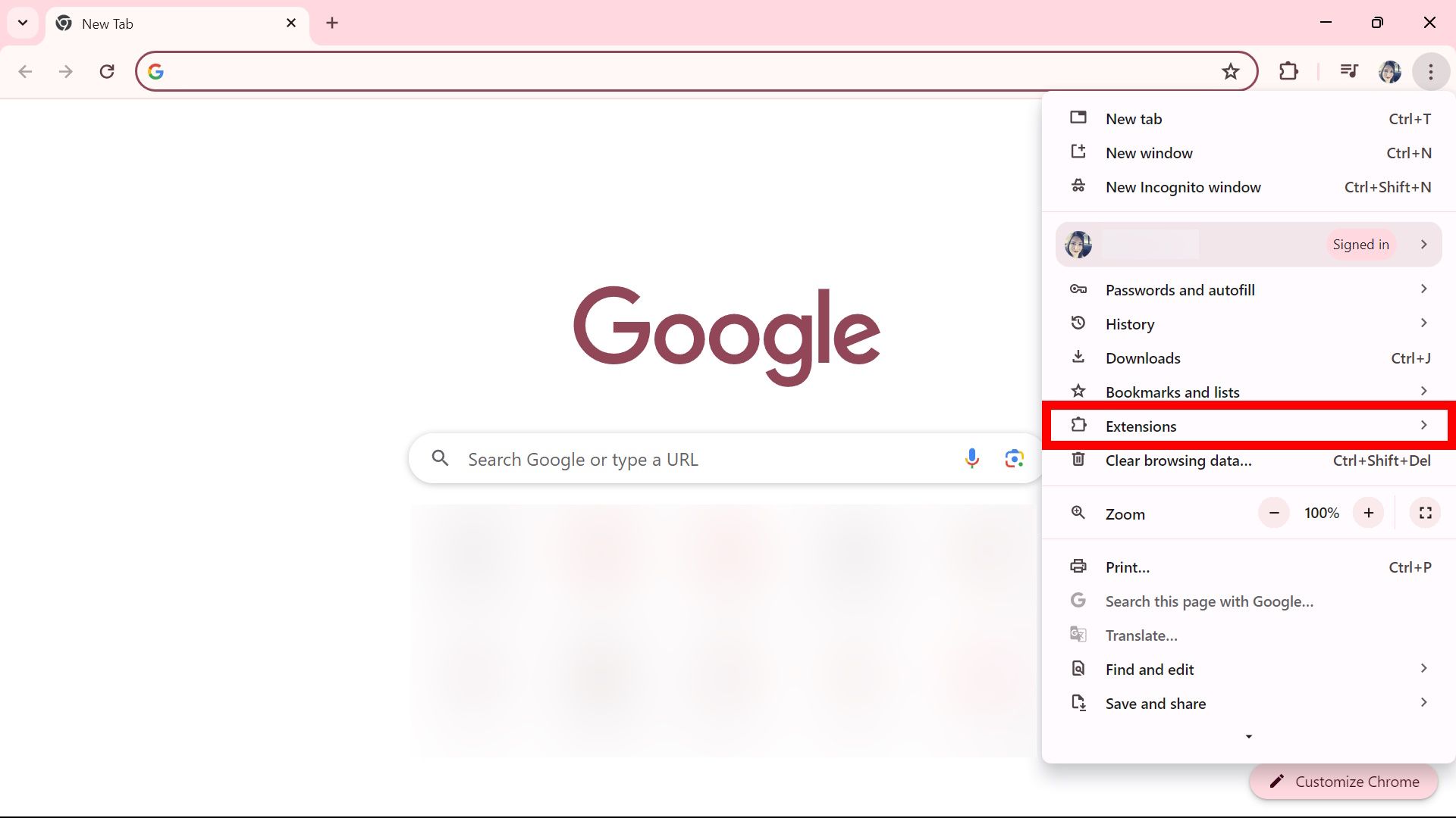 contorno de retângulo vermelho sobre extensões no Google Chrome
