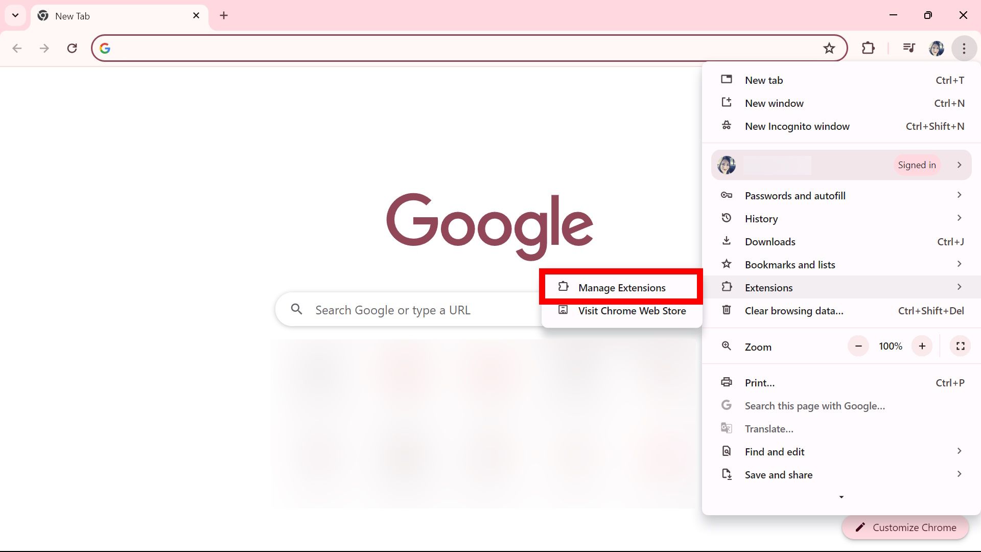contorno de retângulo vermelho sobre gerenciamento de extensões no Google Chrome
