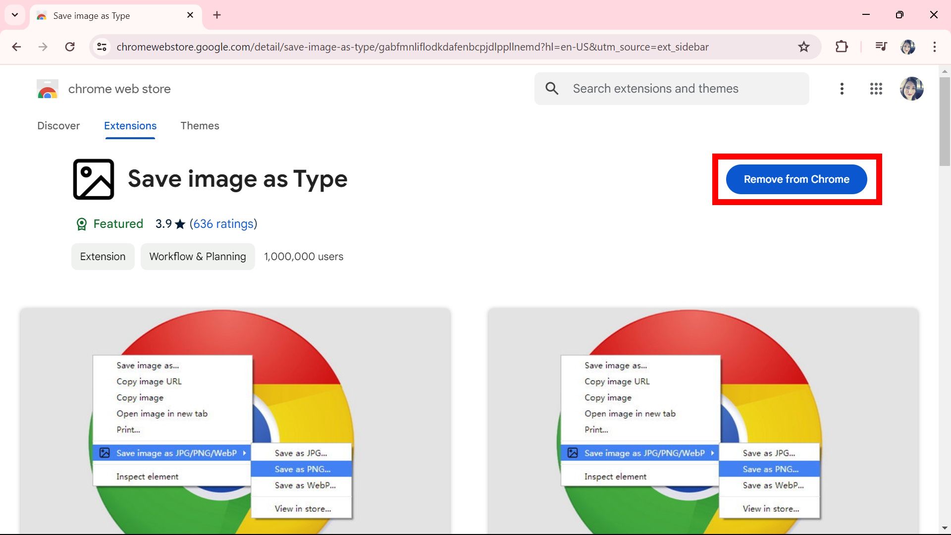 contorno de retângulo vermelho sobre o botão Remover do Chrome na Chrome Web Store