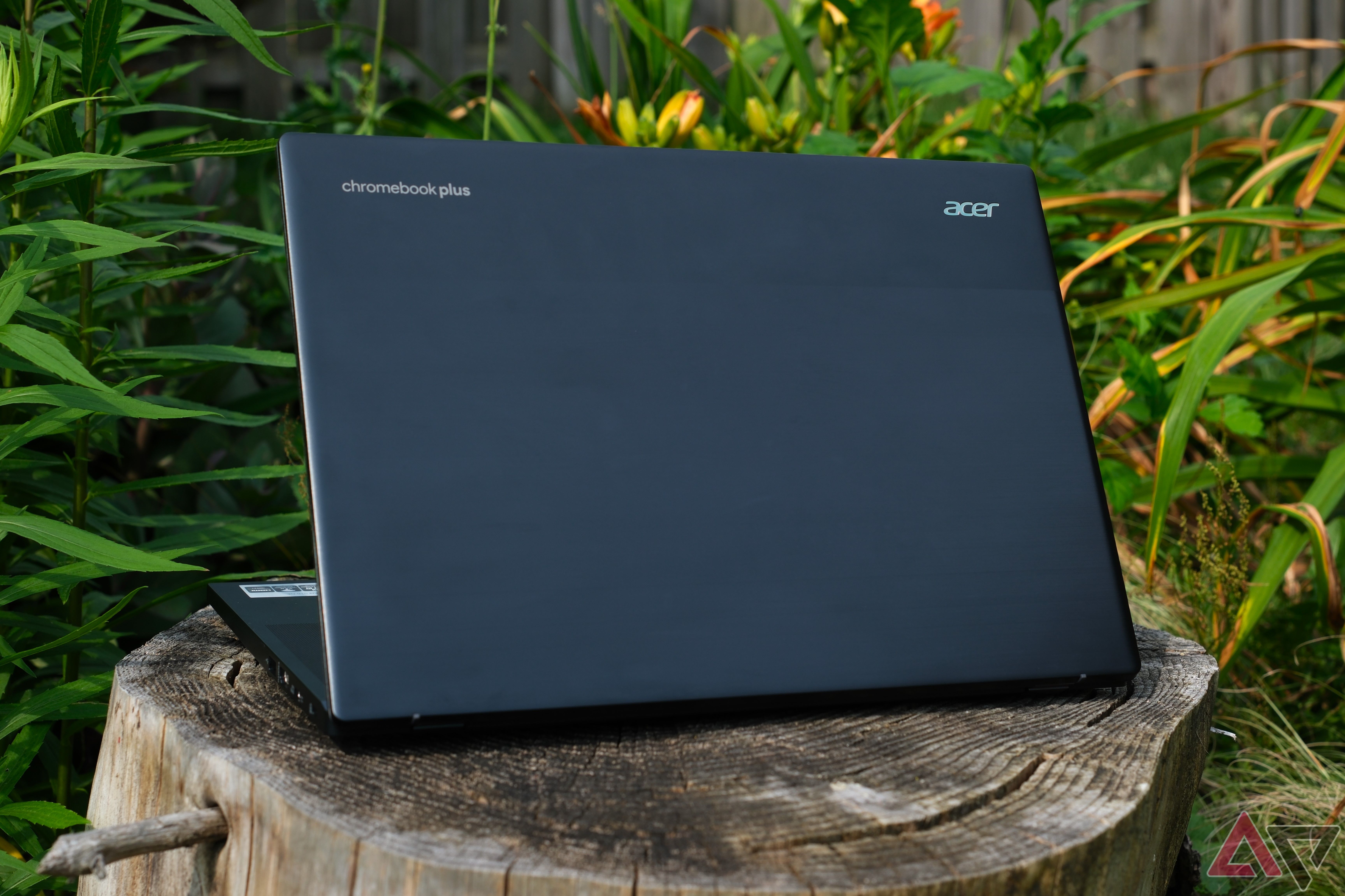 Acer Chromebook Plus 516 GE (2024) com tampa traseira aparecendo enquanto você está sentado no toco