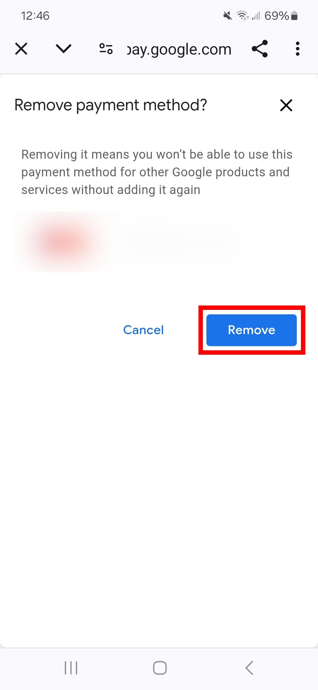 Contorno de retângulo vermelho sobre o botão remover na página de remoção da forma de pagamento