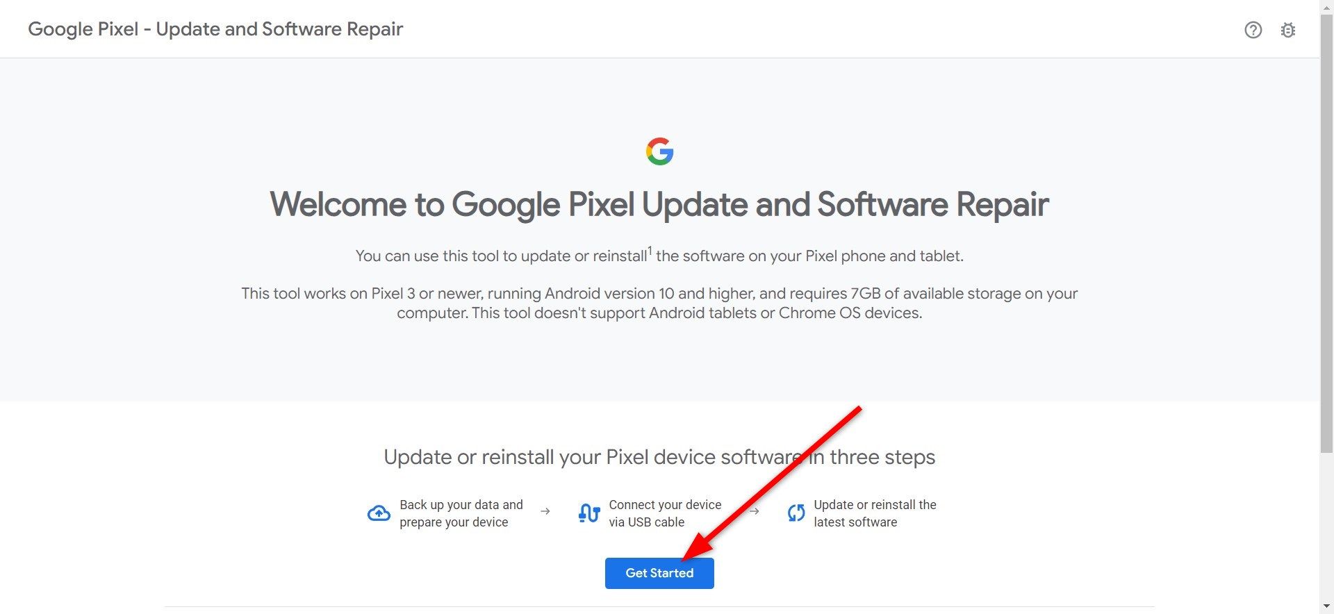 Botão Iniciar no site Pixel Repair