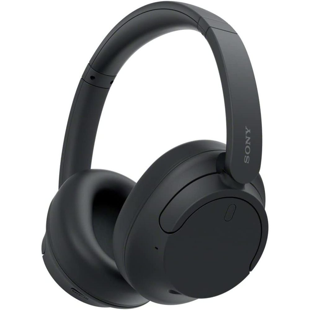 Fones de ouvido pretos Sony WH-CH720N posicionados em ângulo sobre fundo branco