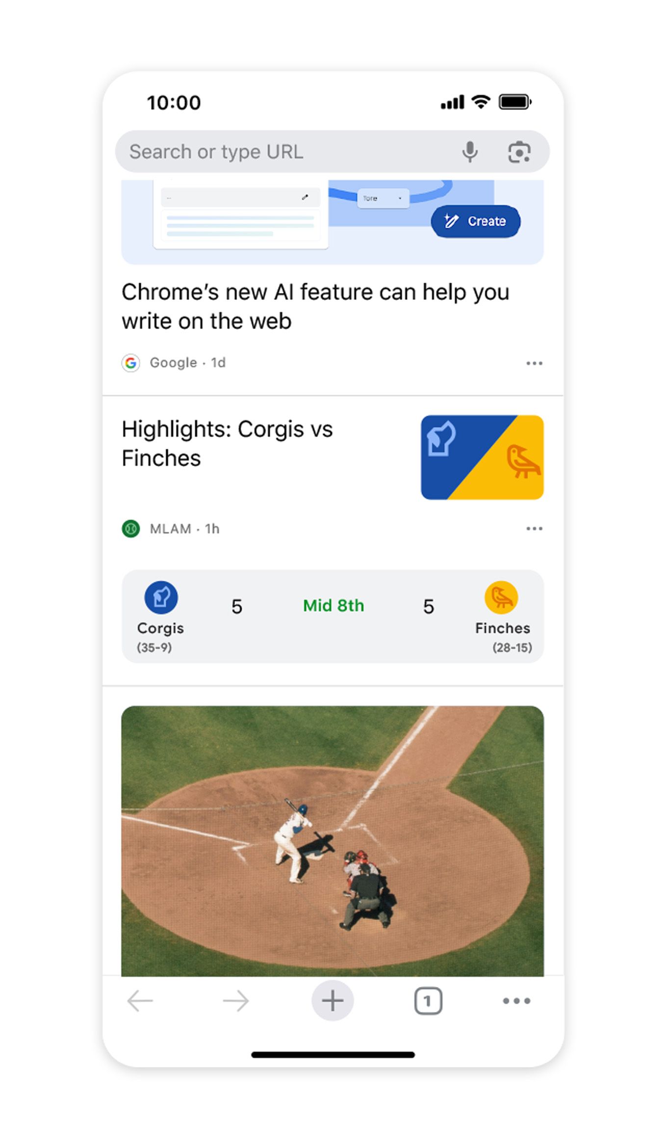 Capturas de tela do novo recurso de cartão esportivo no Discover Feed do Chrome.