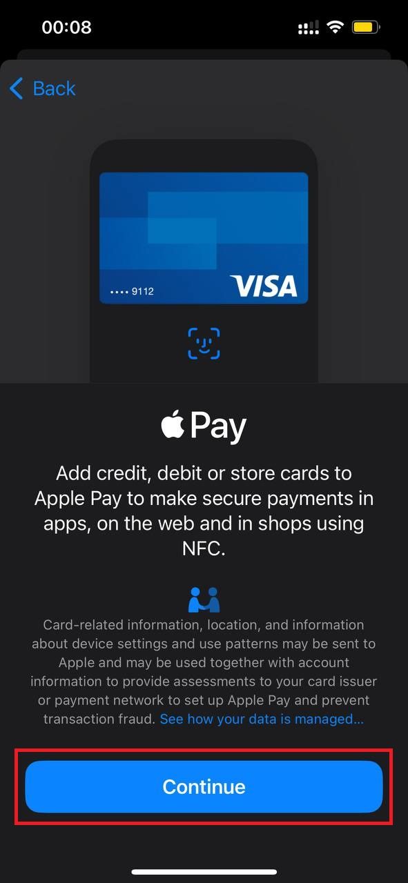 Captura de tela destacando Continuar no aplicativo Apple Wallet