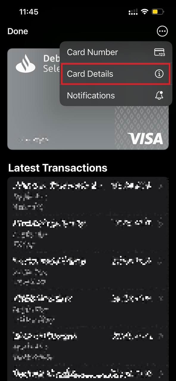 Captura de tela destacando os detalhes do cartão no aplicativo Apple Wallet