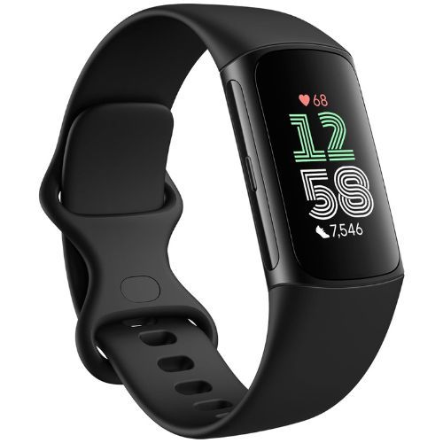 Fitbit Charge 6 em preto com tela marcando 12:58