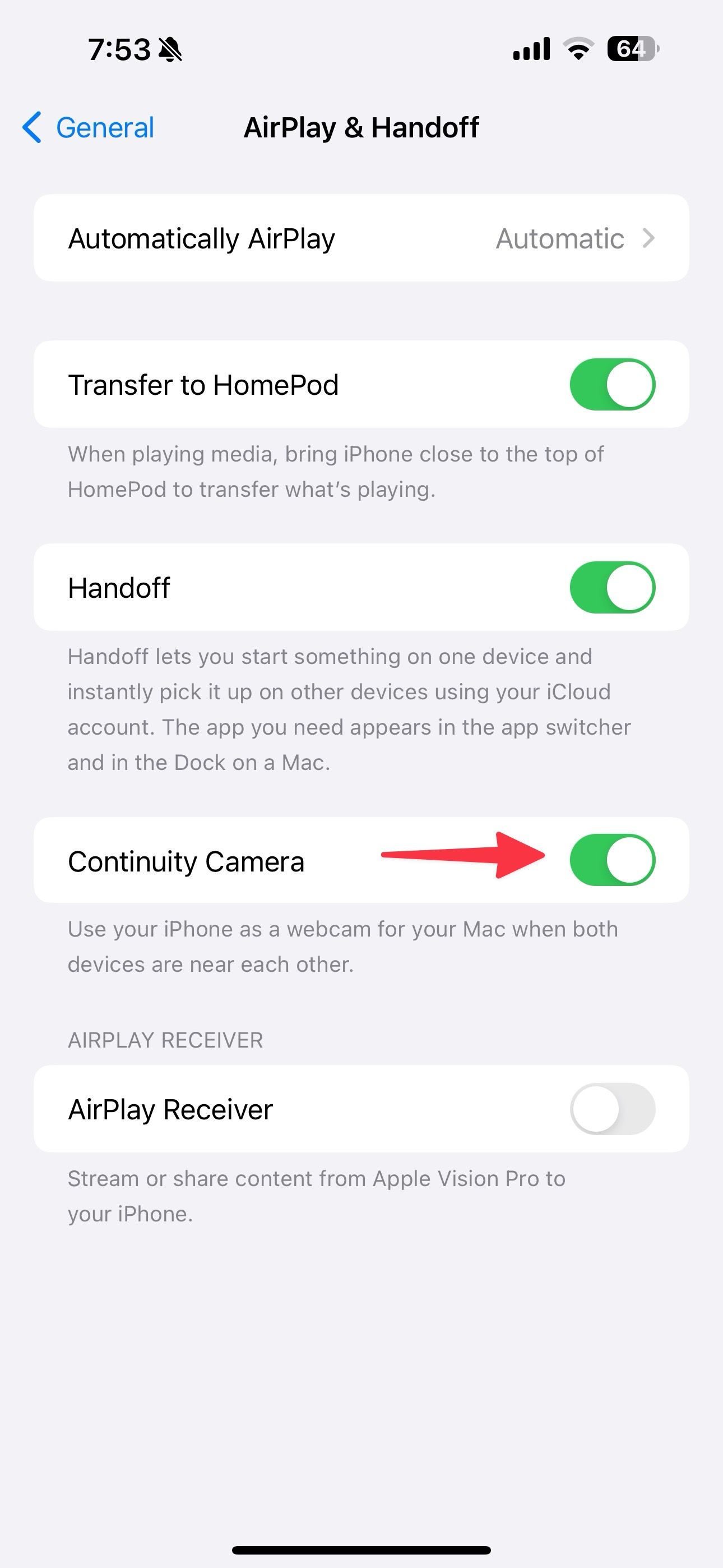 Uma captura de tela mostrando o menu AirPlay & Handoff no iPhone