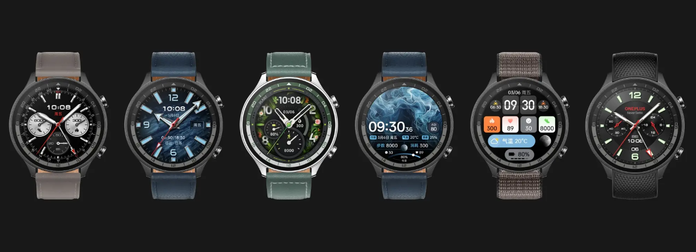 Vários OnePlus Watch 2 exclusivos da China com faixas de cores diferentes.