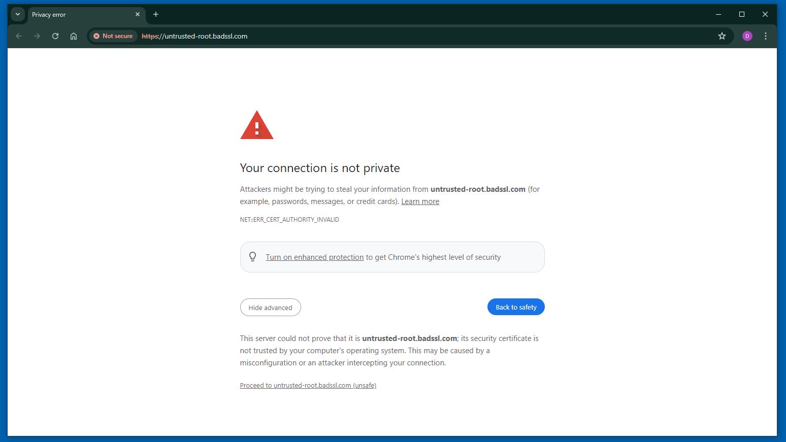 aviso do navegador para uma certificação não confiável