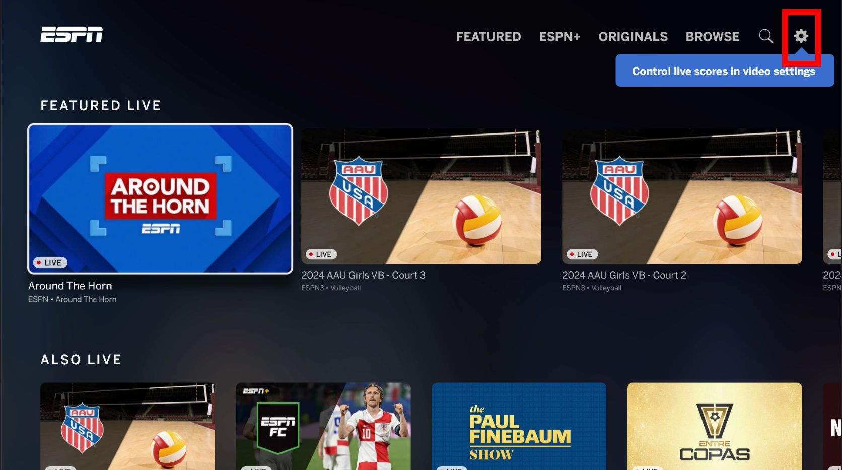 Contorno de retângulo vermelho sobre a opção de configurações no aplicativo ESPN