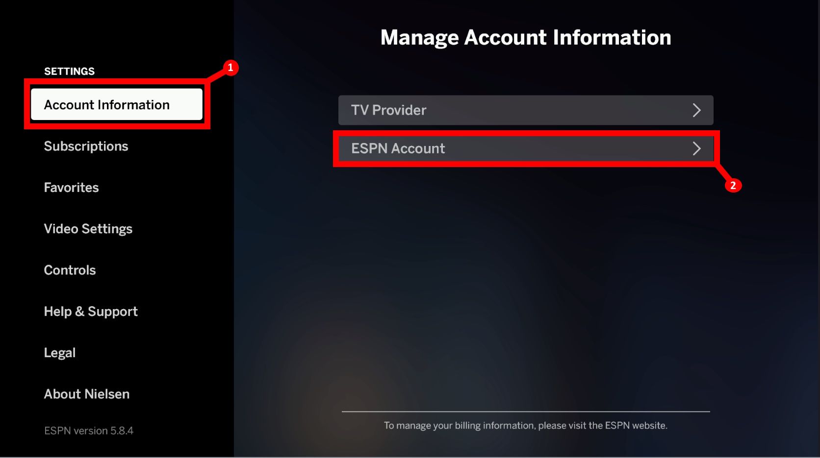 Dois rótulos mostrando informações da conta e opção de conta ESPN no aplicativo ESPN