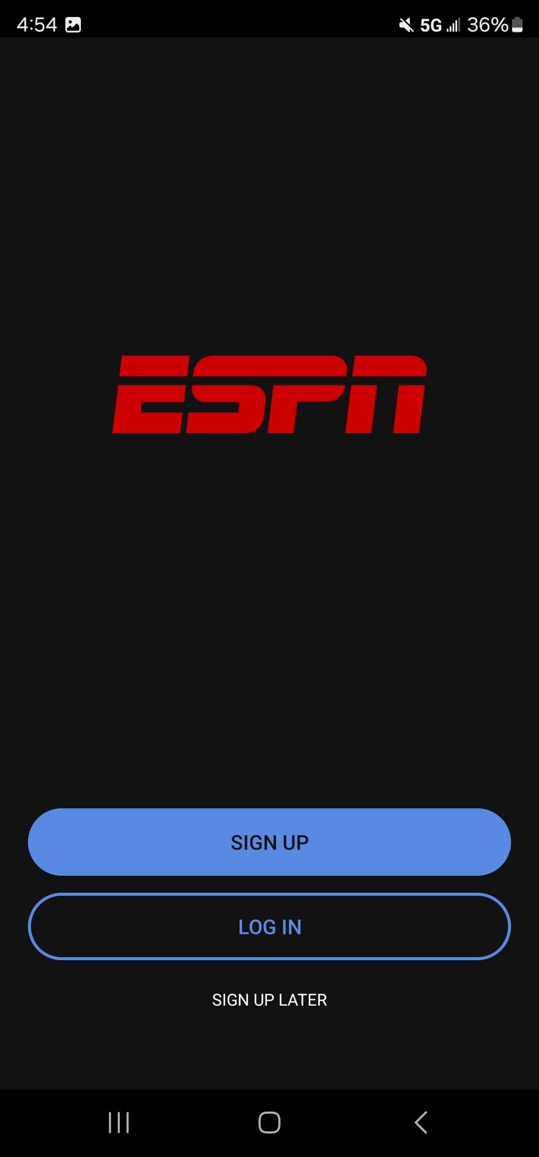 Logotipo da ESPN na página do aplicativo ESPN com opções de inscrição e login 