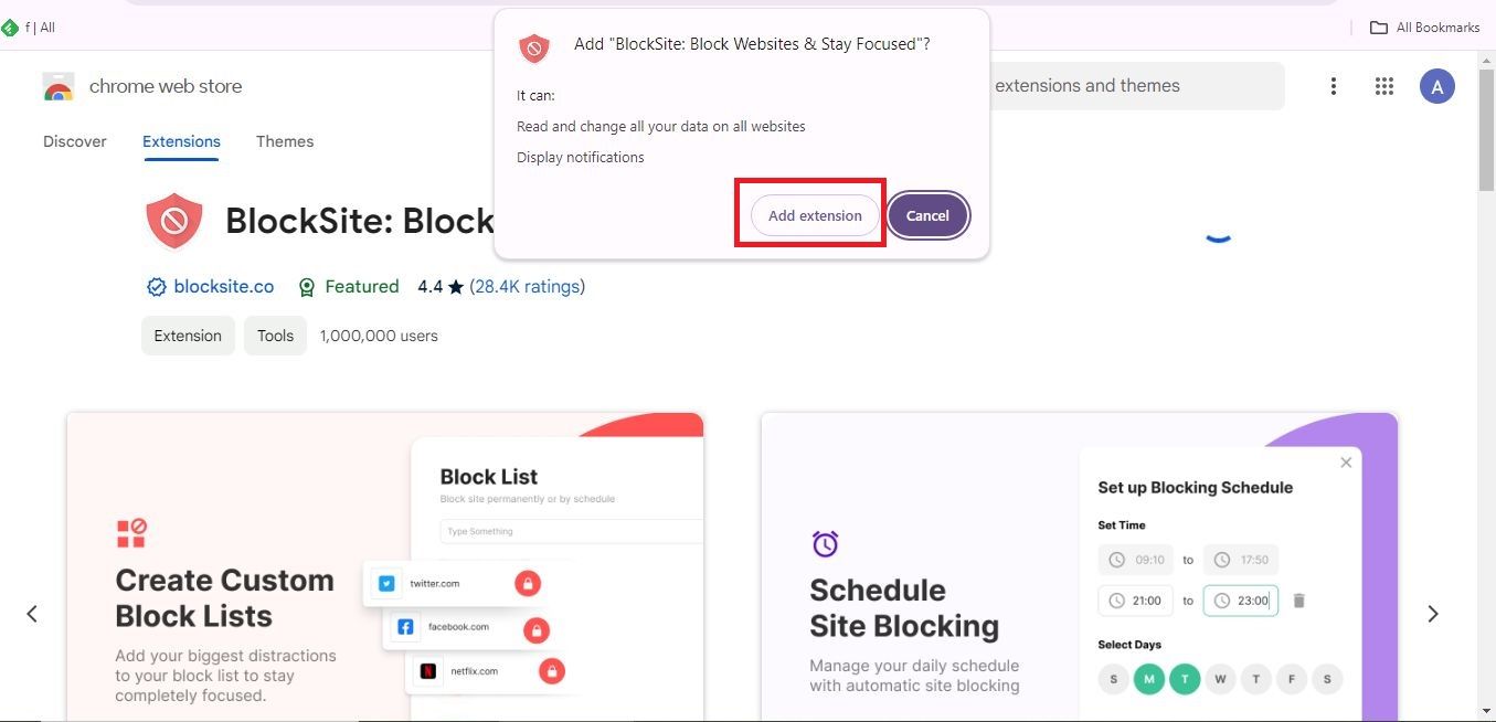 Captura de tela destacando Adicionar extensão na página BlockSite no Chrome