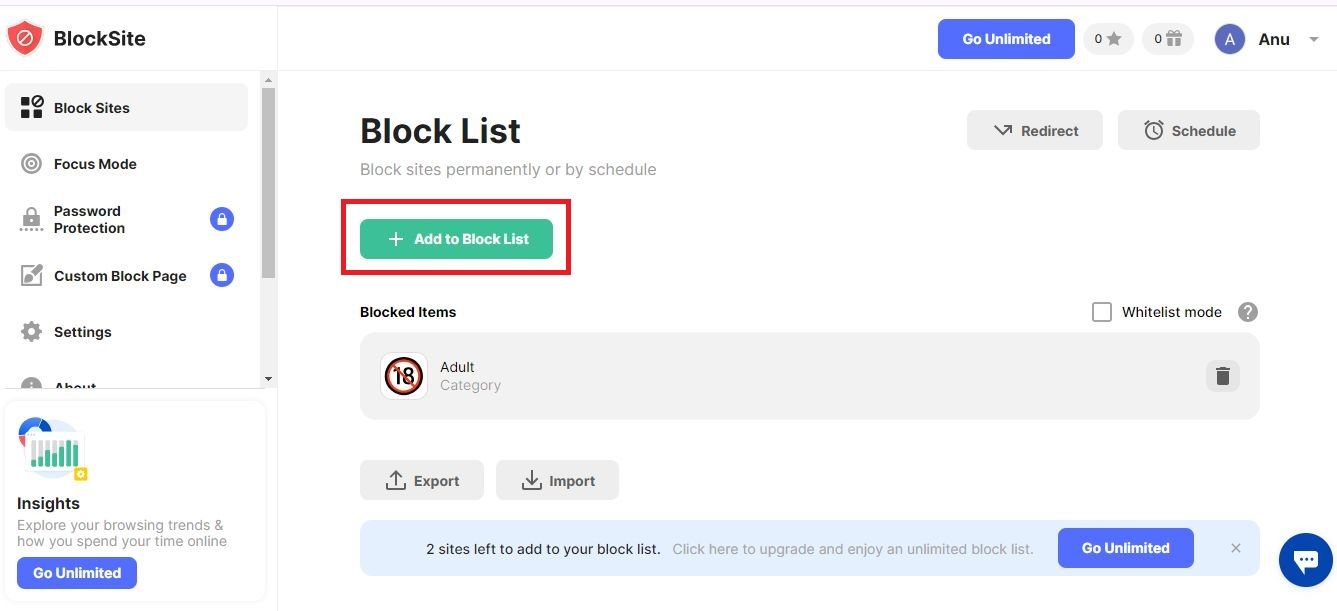 Captura de tela destacando Adicionar à lista de bloqueios na página BlockSite no Chrome