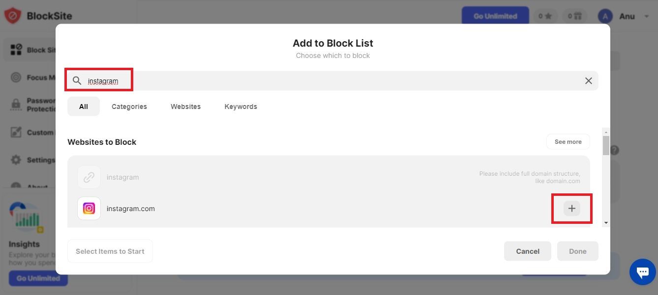 Captura de tela destacando o ícone de mais na página do BlockSite no Chrome