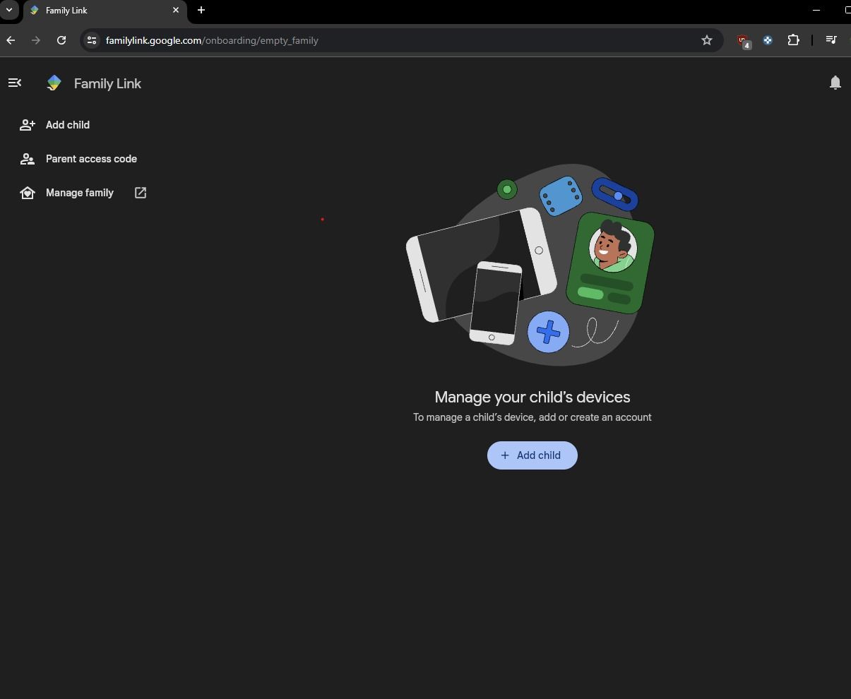 Captura de tela mostrando a página do Family Link no Chrome