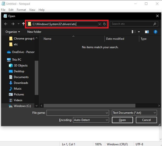 Captura de tela destacando o endereço do arquivo hosts no Windows Explorer