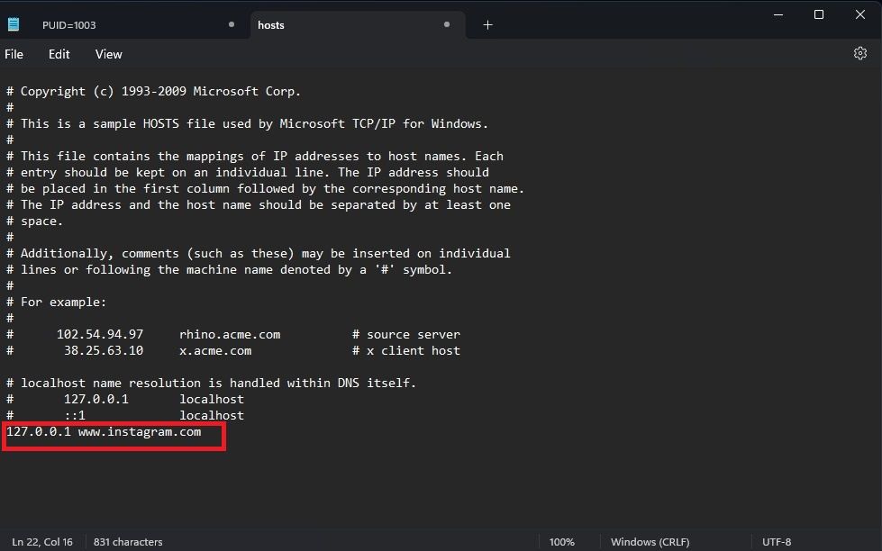 Captura de tela destacando uma nova entrada no arquivo hosts