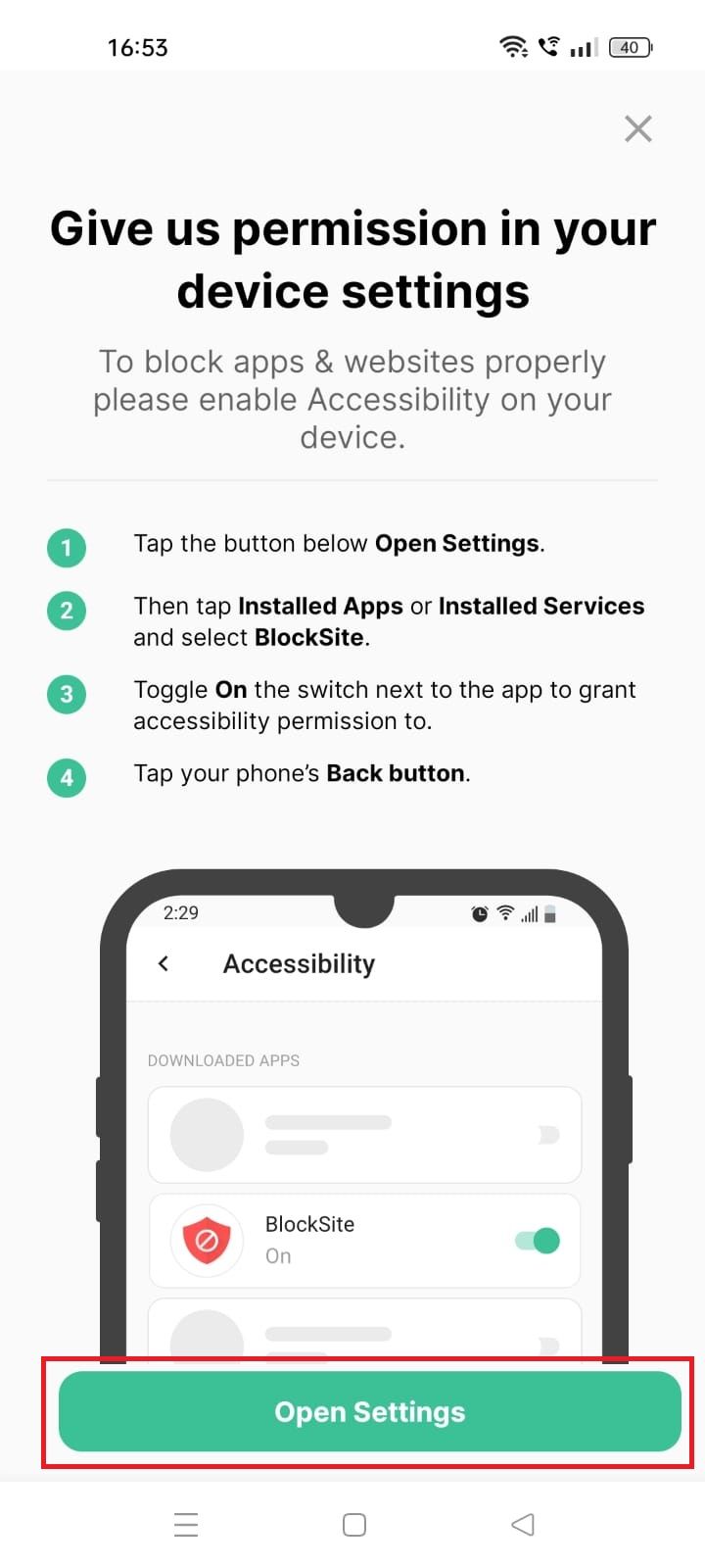 Captura de tela destacando as configurações abertas no aplicativo BlockSite para Android