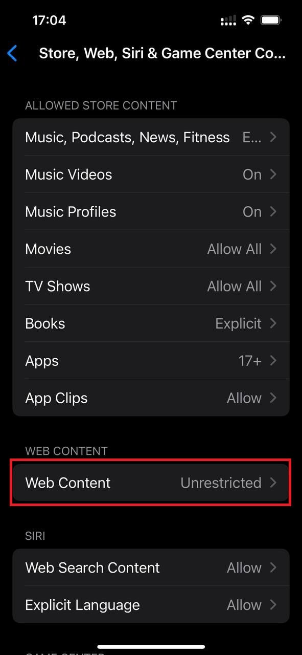 Captura de tela destacando o conteúdo da Web nas configurações do iOS