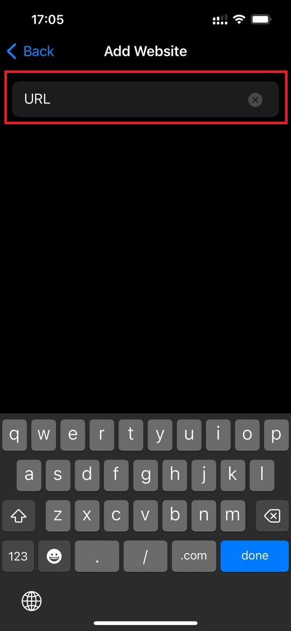 Captura de tela destacando o campo URL nas configurações do iOS