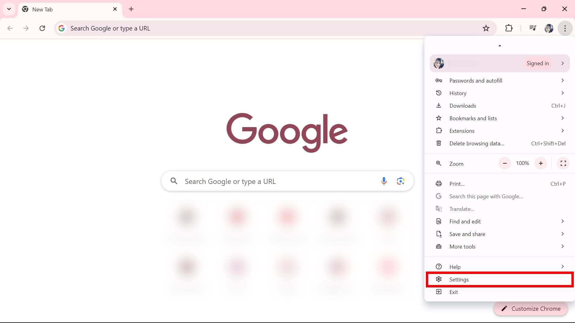 contorno de retângulo vermelho sobre as configurações do navegador Google Chrome para desktop