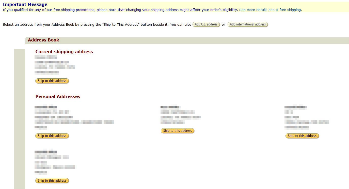 Catálogo de endereços da Amazon para selecionar o novo endereço de entrega e mostrar o endereço atual