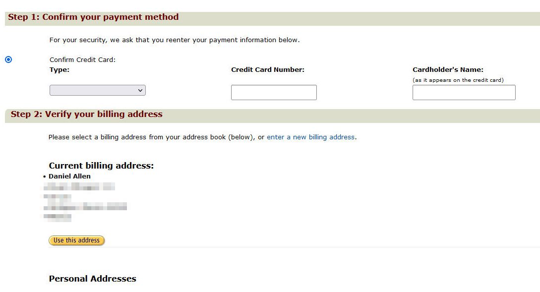 Confirme sua página de método de pagamento e verifique sua página de endereço de cobrança na Amazon