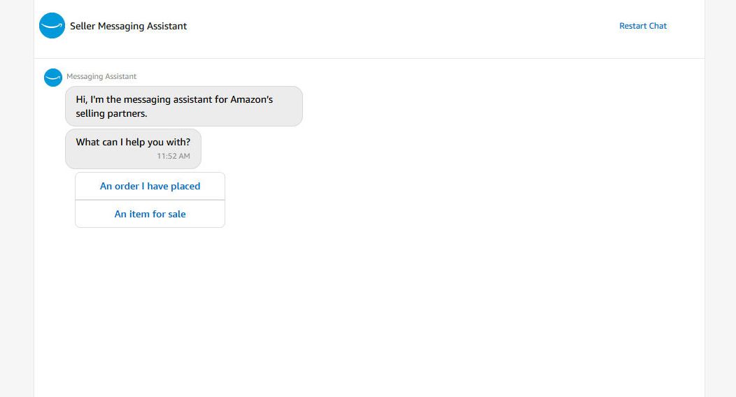 Chatbot da Amazon que orienta você no envio de uma mensagem ao vendedor.
