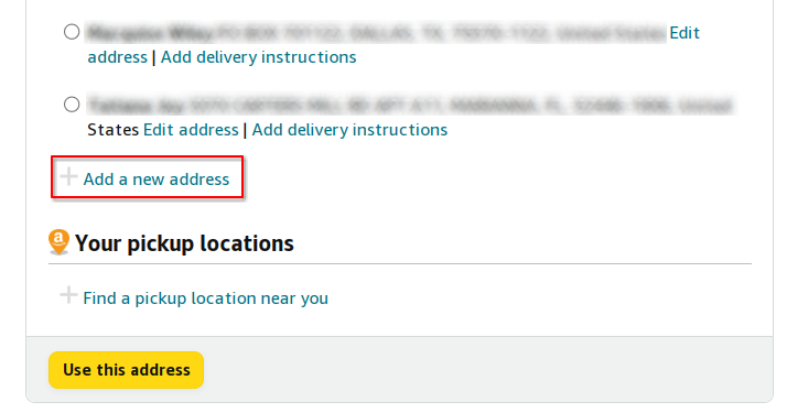 contorno de retângulo vermelho sobre Adicionar um novo endereço de entrega na página de checkout da Amazon